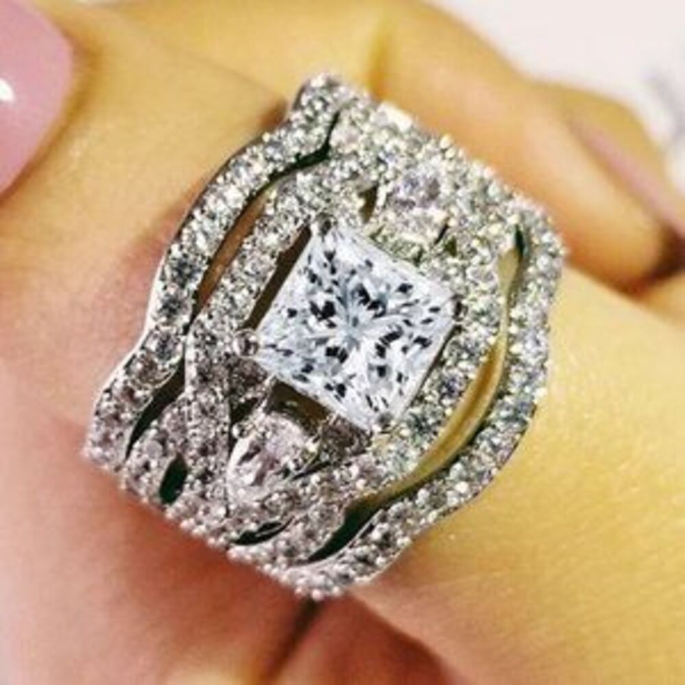 18K White Gold Princess Cut Diamond 3pc Ring x